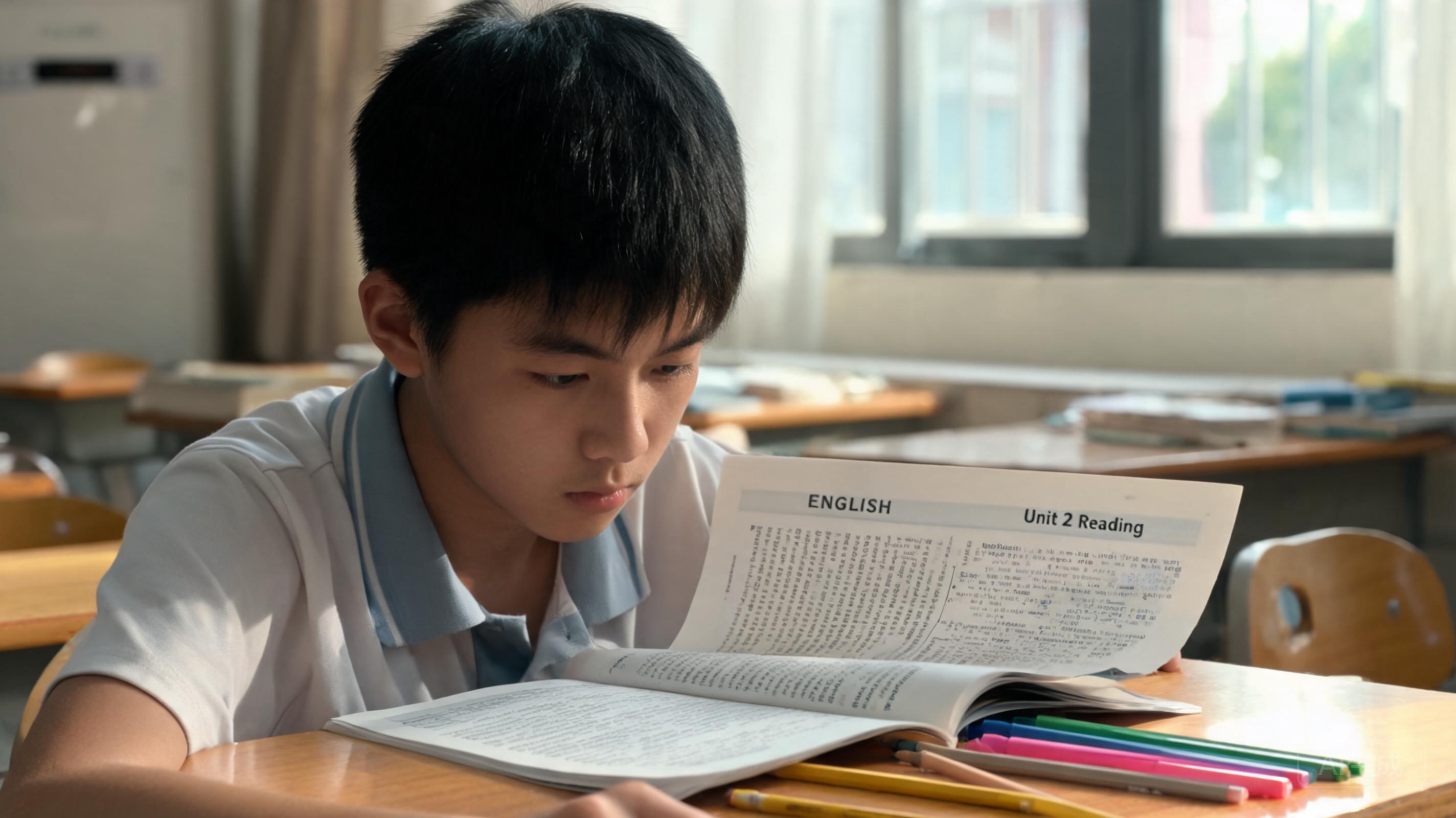 学生专注阅读英语课本